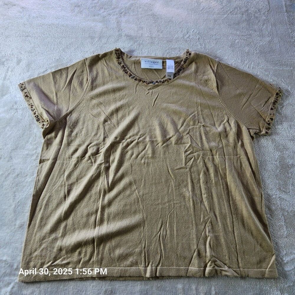 Villager Woman Plus Sz 2 Brown Tan Short Sleeve Top Embellished Neck Sleeve Egde